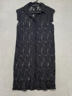 Black Lace Sleeveless Shirt Midi Dress
